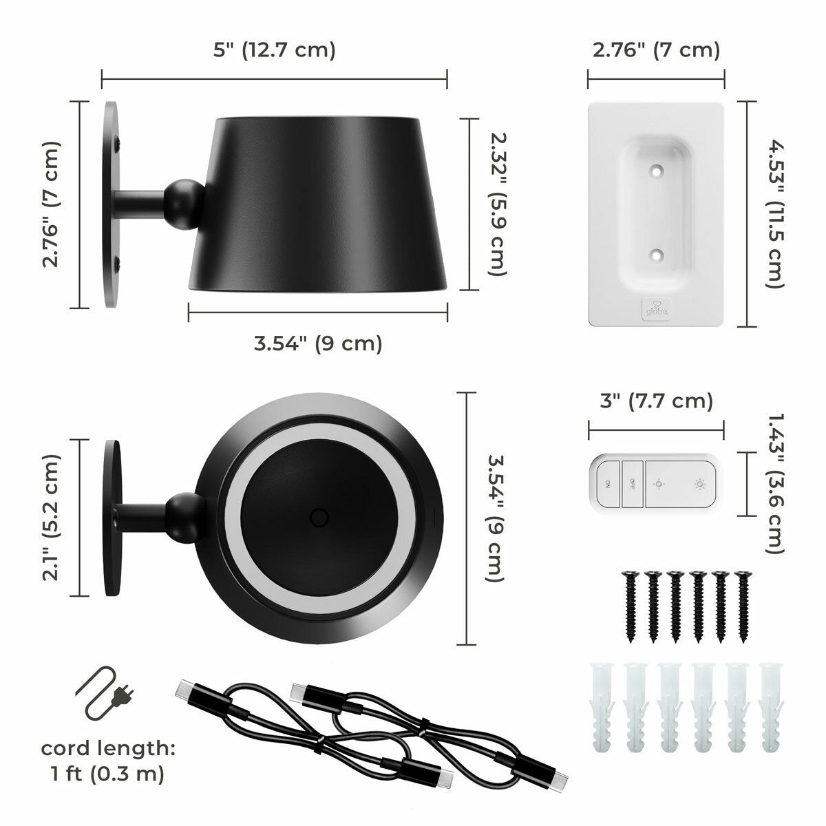 Globe Rechargeable Black Portable Wall Light, 2 Pack - Black