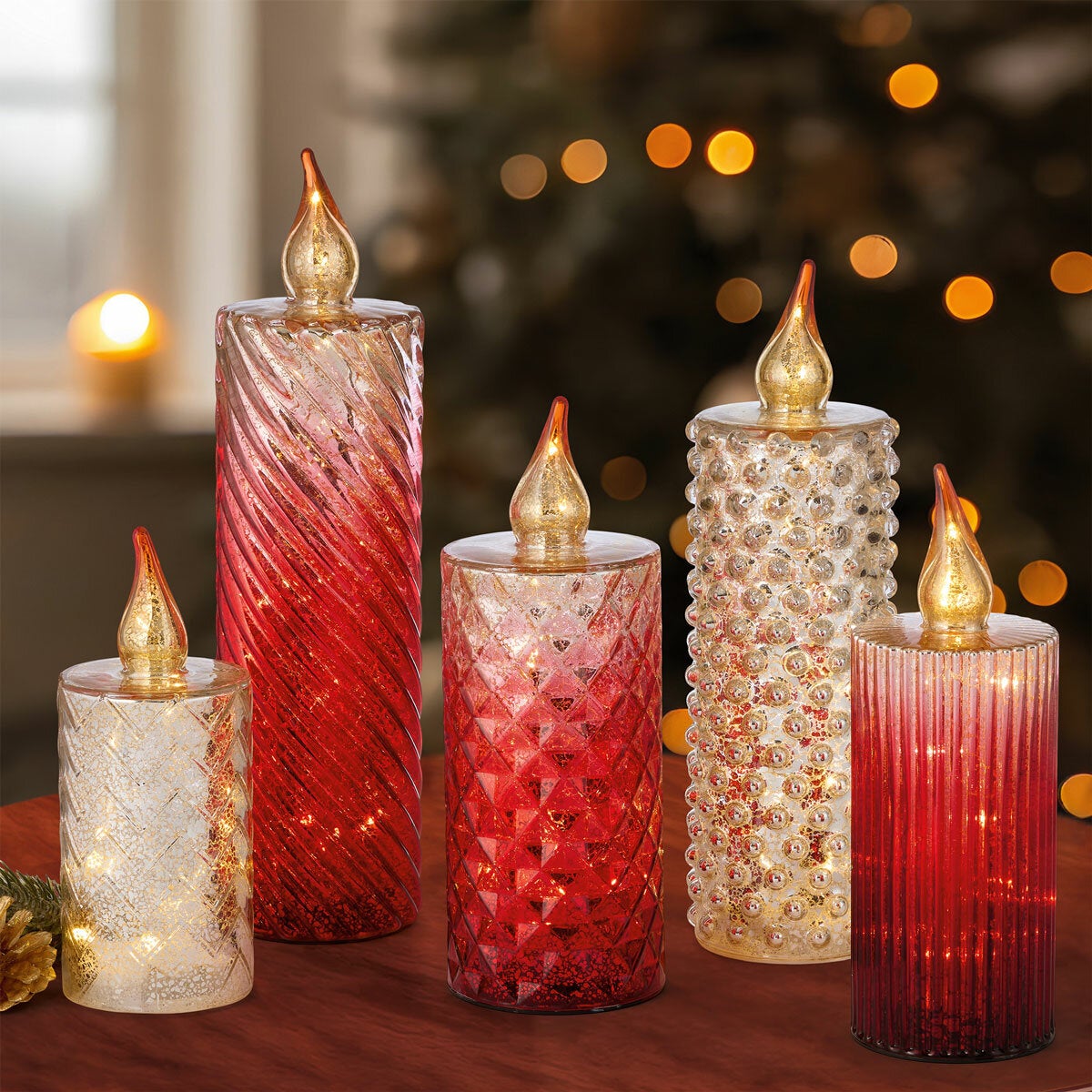 Glass LED Candles - Set Of 5 - Red