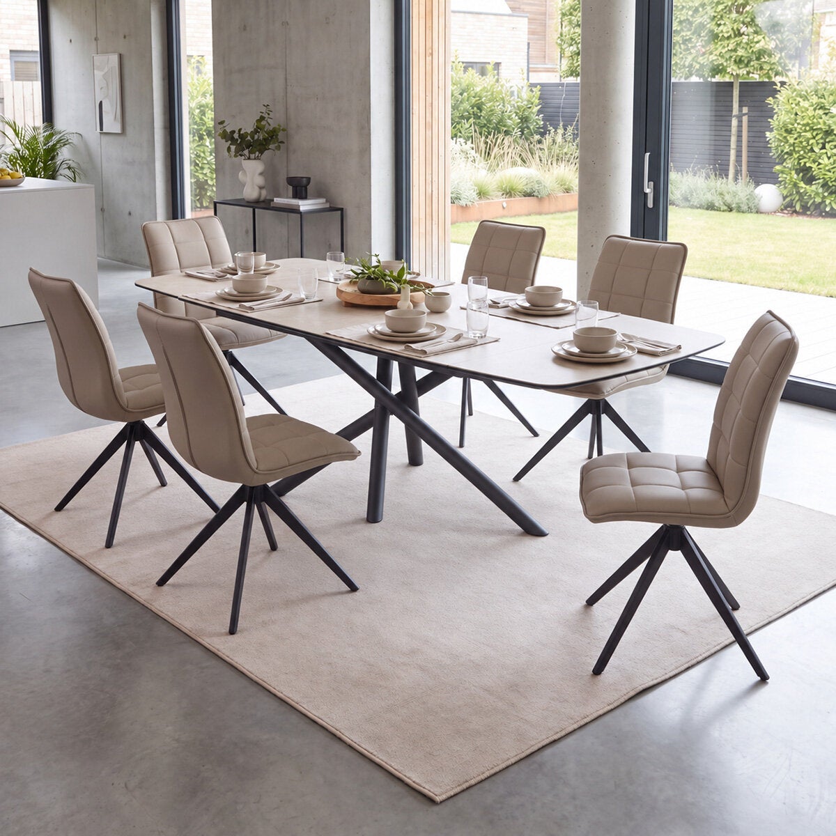 Indus Valley Skylar Large Dining Table + 6 Taupe Chairs