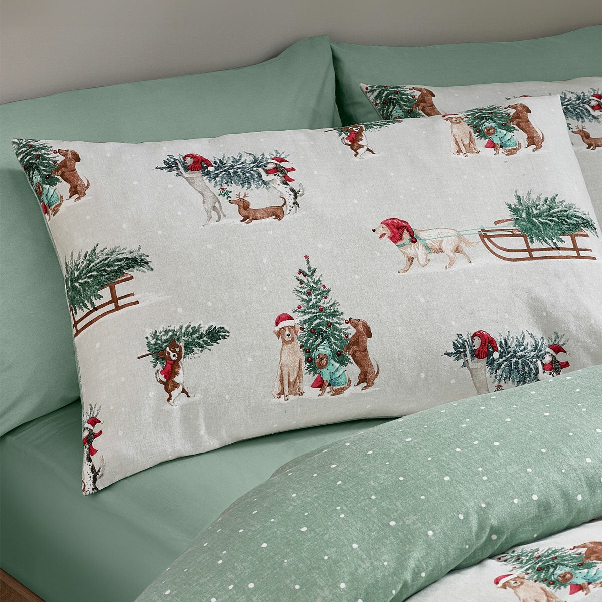 Catherine Lansfield Brushed Cotton Christmas Dogs Reversible Duvet Cover Set In