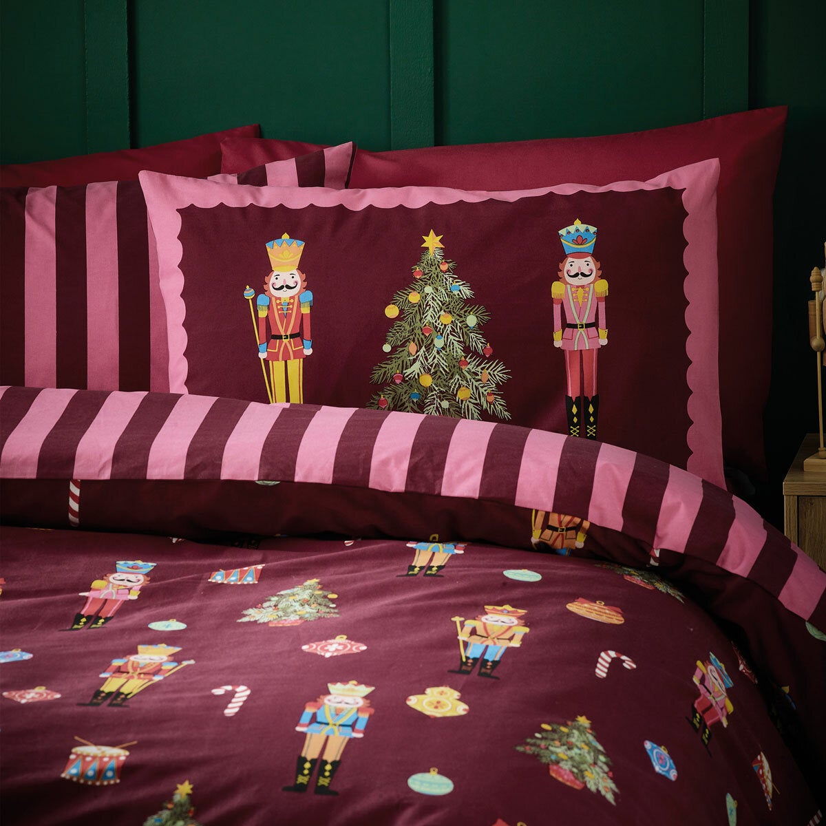 Catherine Lansfield Christmas Nutcracker Stripe Reversible Duvet Cover Set In 3