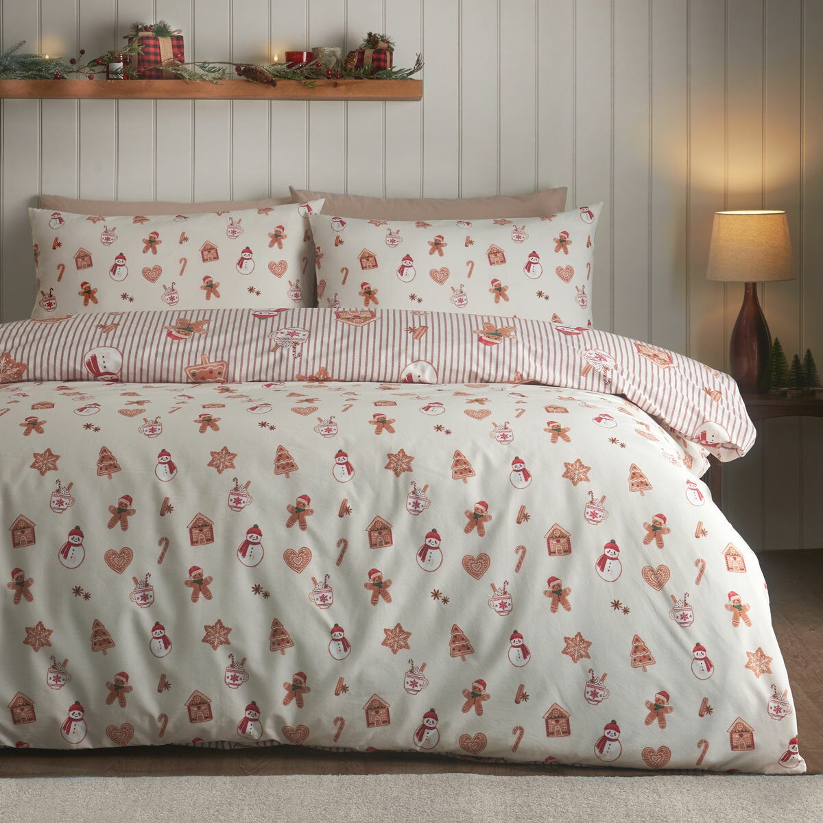 Catherine Lansfield Christmas Gingerbread Stripe Reversible Duvet Cover Set In 3