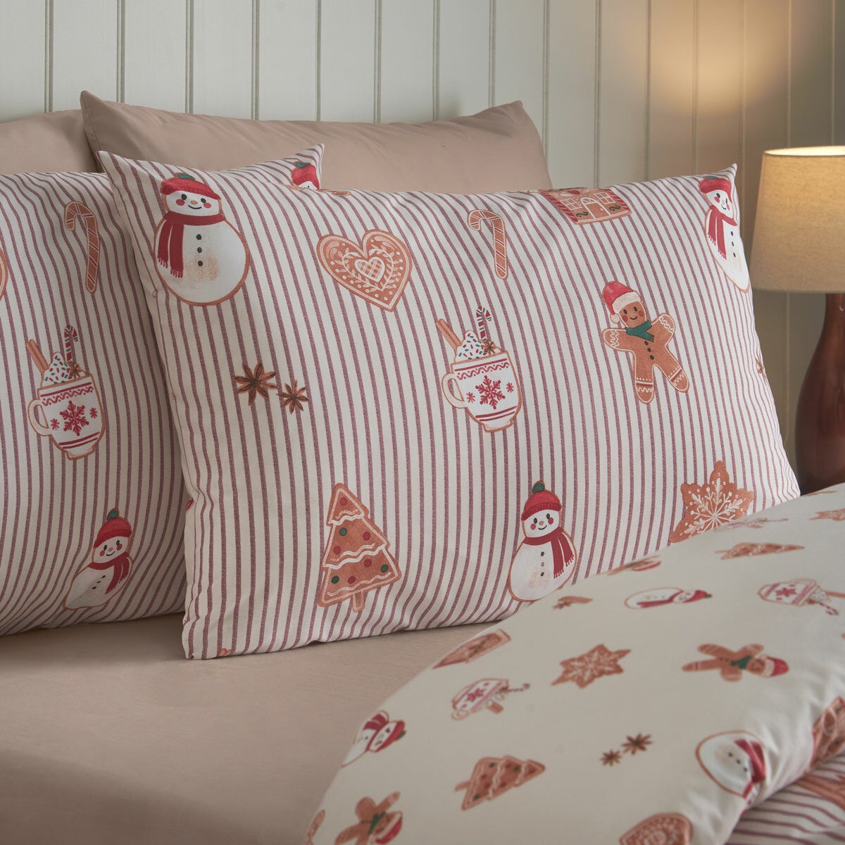 Catherine Lansfield Christmas Gingerbread Stripe Reversible Duvet Cover Set In 3