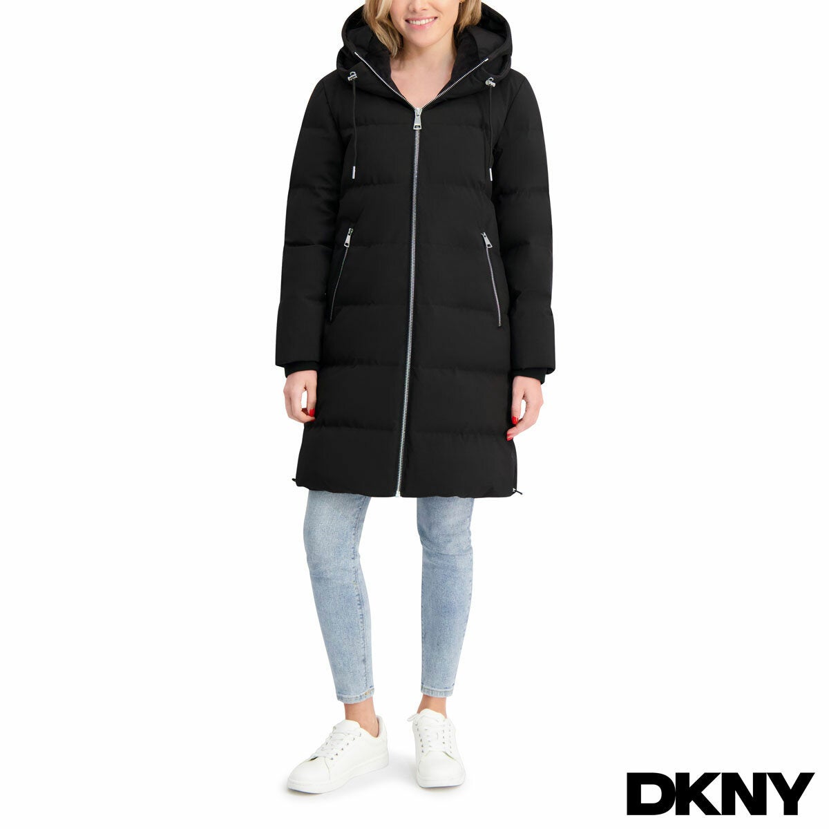 DKNY Ladies Long Down Coat with Hood - Black
