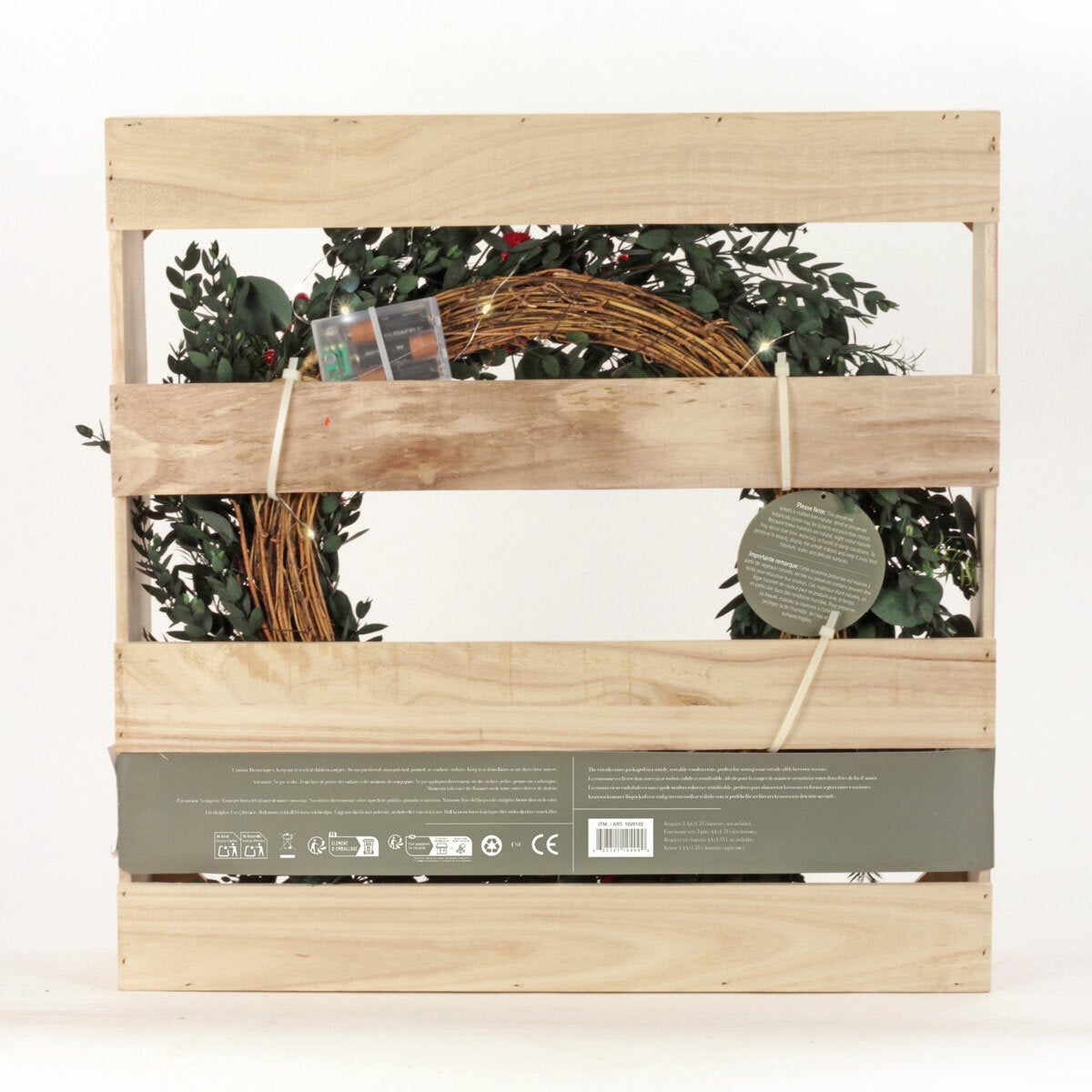 22 Inch Preserved Natural Christmas Wreath with Warm LED Lights in a wooden Crat