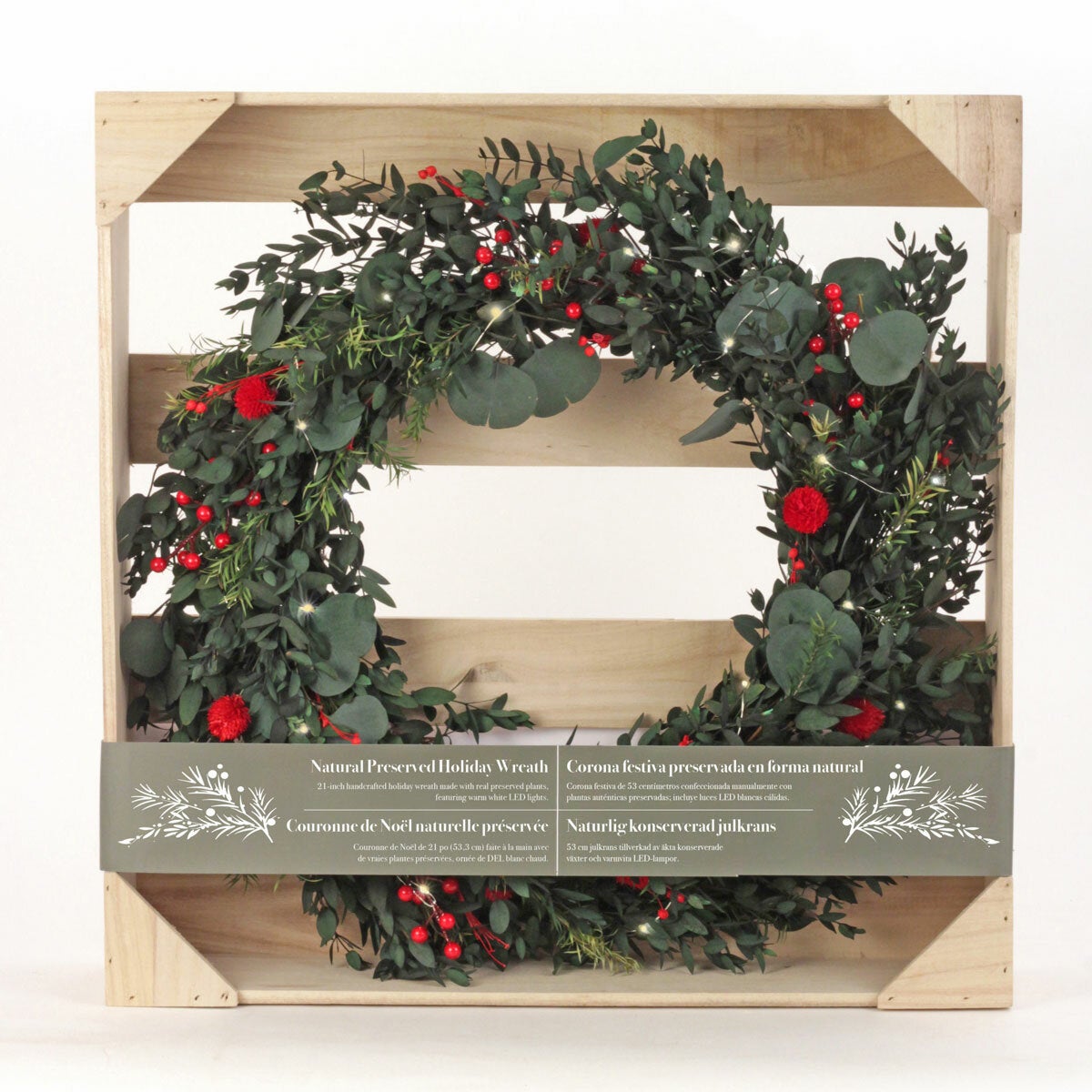 22 Inch Preserved Natural Christmas Wreath with Warm LED Lights in a wooden Crat