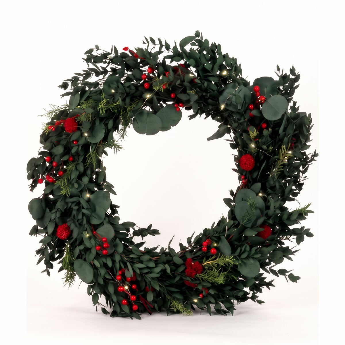 22 Inch Preserved Natural Christmas Wreath with Warm LED Lights in a wooden Crat