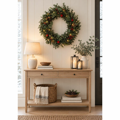22 Inch Preserved Natural Christmas Wreath with Warm LED Lights in a wooden Crat