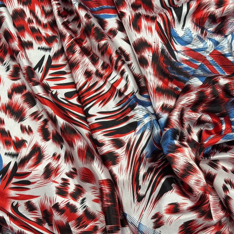Abstract Animal Print Satin Fabric Red Blue Dress Craft Material, White - Bull Ring Fabrics