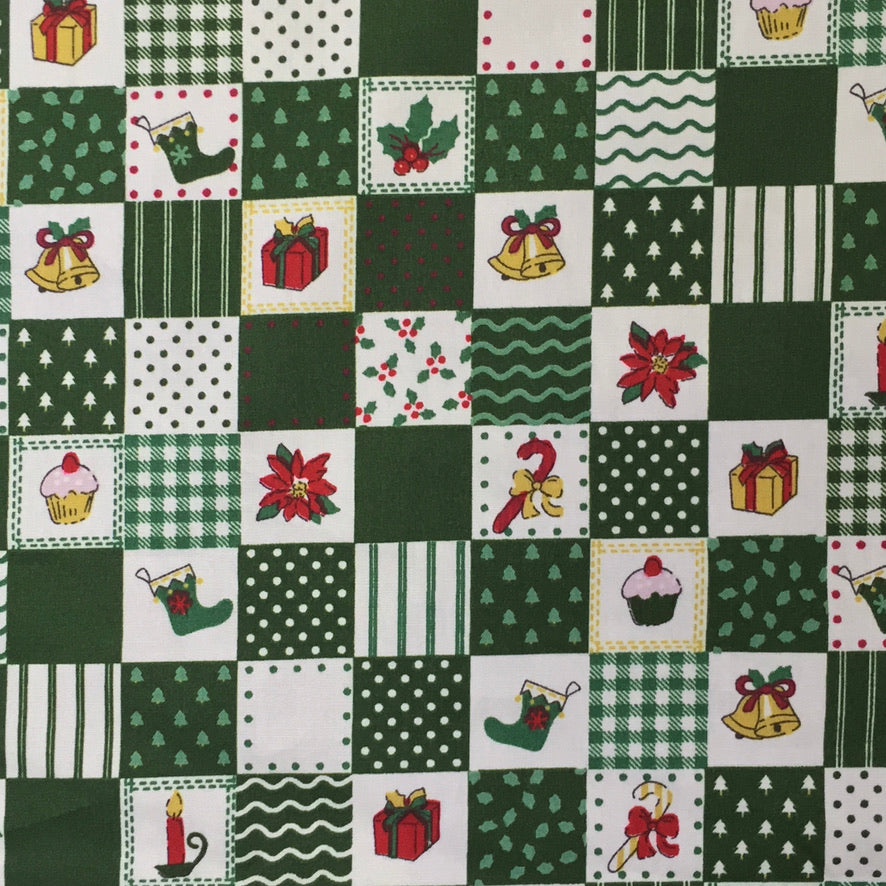 100% Cotton Christmas Patchwork Squares Fabric 45" Wide, Green