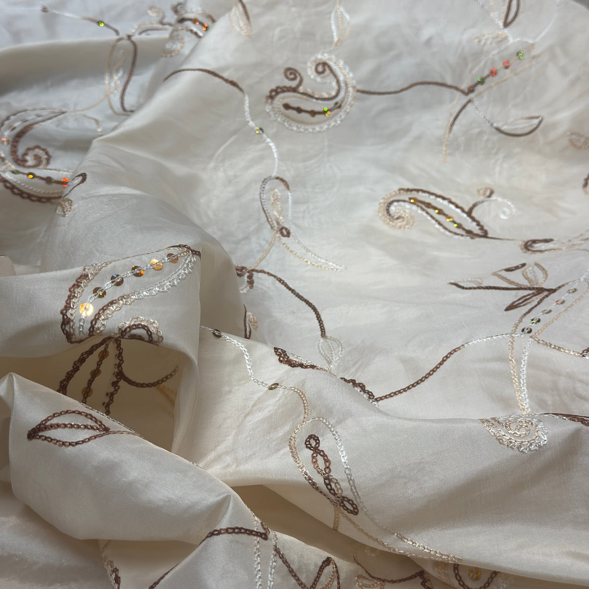 Cream Paisley Embroidered Taffeta Fabric Sequins Floral Bride Dress Material 60" - Bull Ring Fabrics