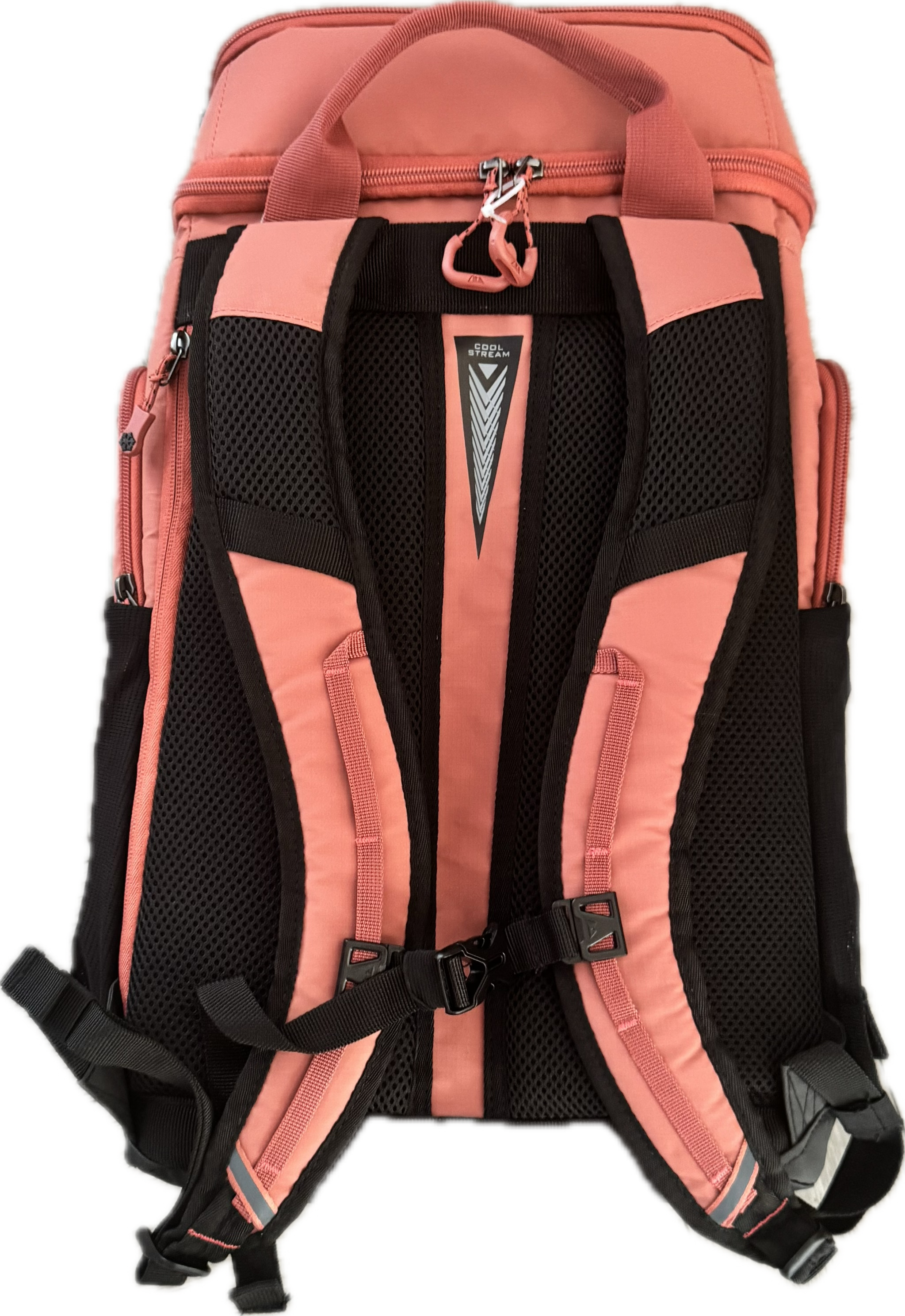 A pink and black backpack shown from the back, featuring padded shoulder straps, mesh back panels, side pockets, and a top carry handle on a plain white background.