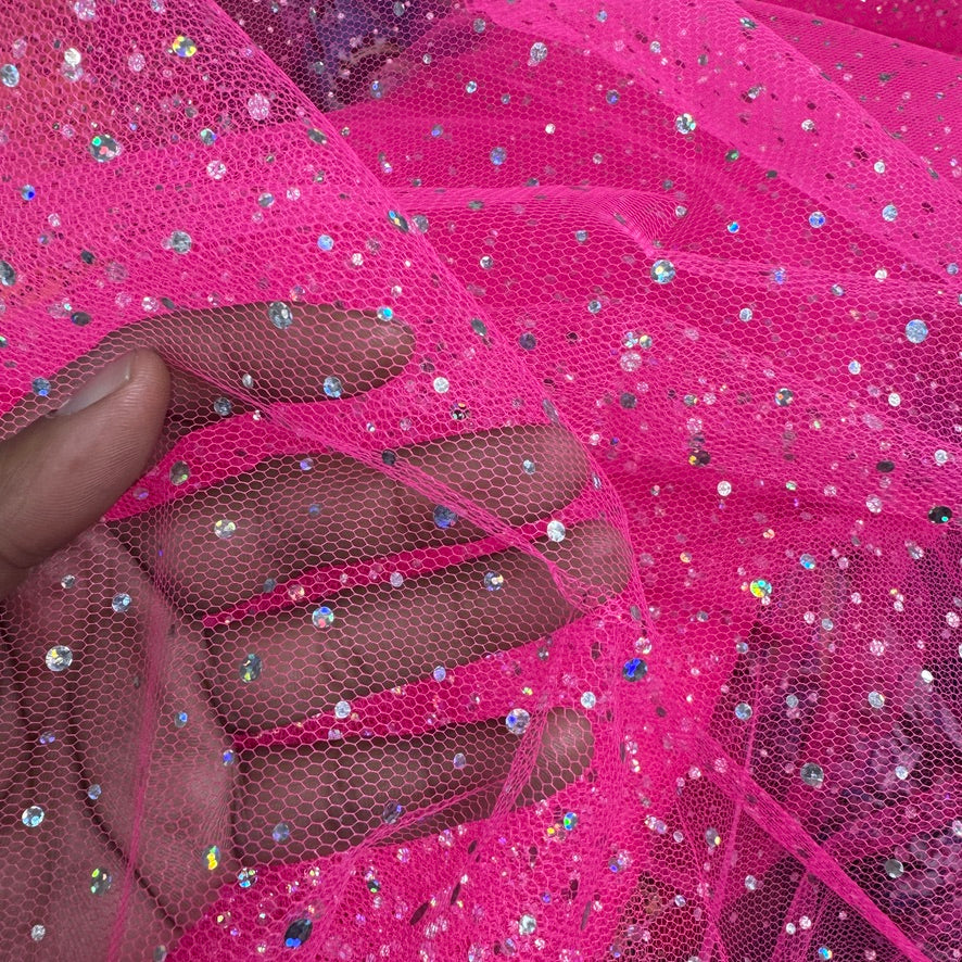 Hologram Sequin Tutu Spangle Tulle Net Fabric - Fluorescent Pink