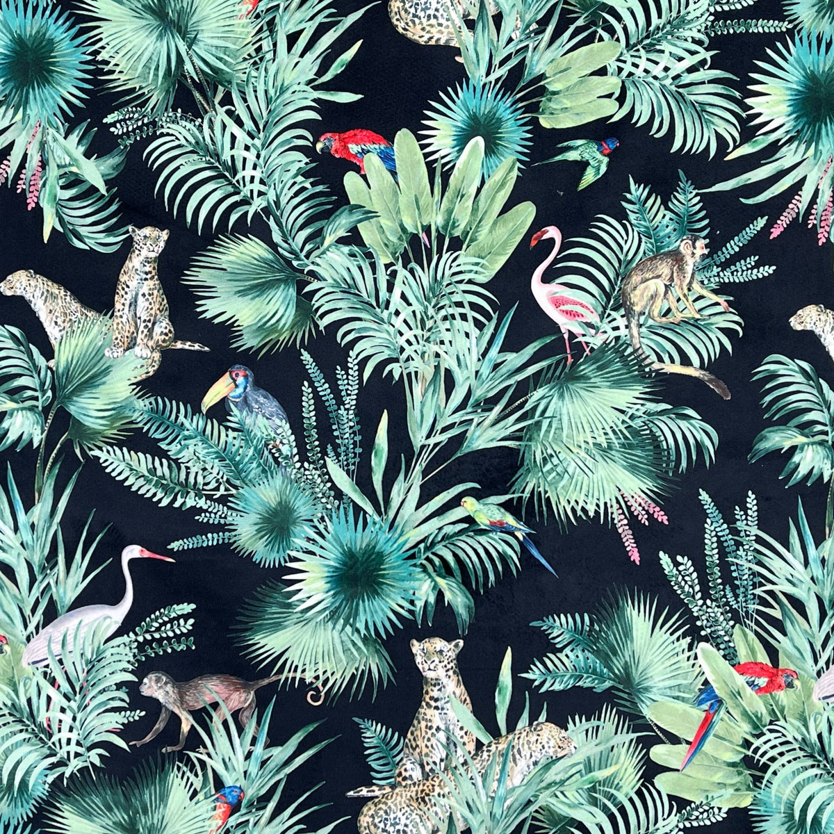 Amazon Tropical Digital Print Plush Velvet Curtain Fabric, Black - Bull Ring Fabrics