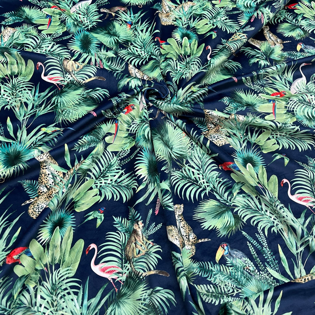 Amazon Tropical Digital Print Plush Velvet Curtain Fabric, Navy - Bull Ring Fabrics