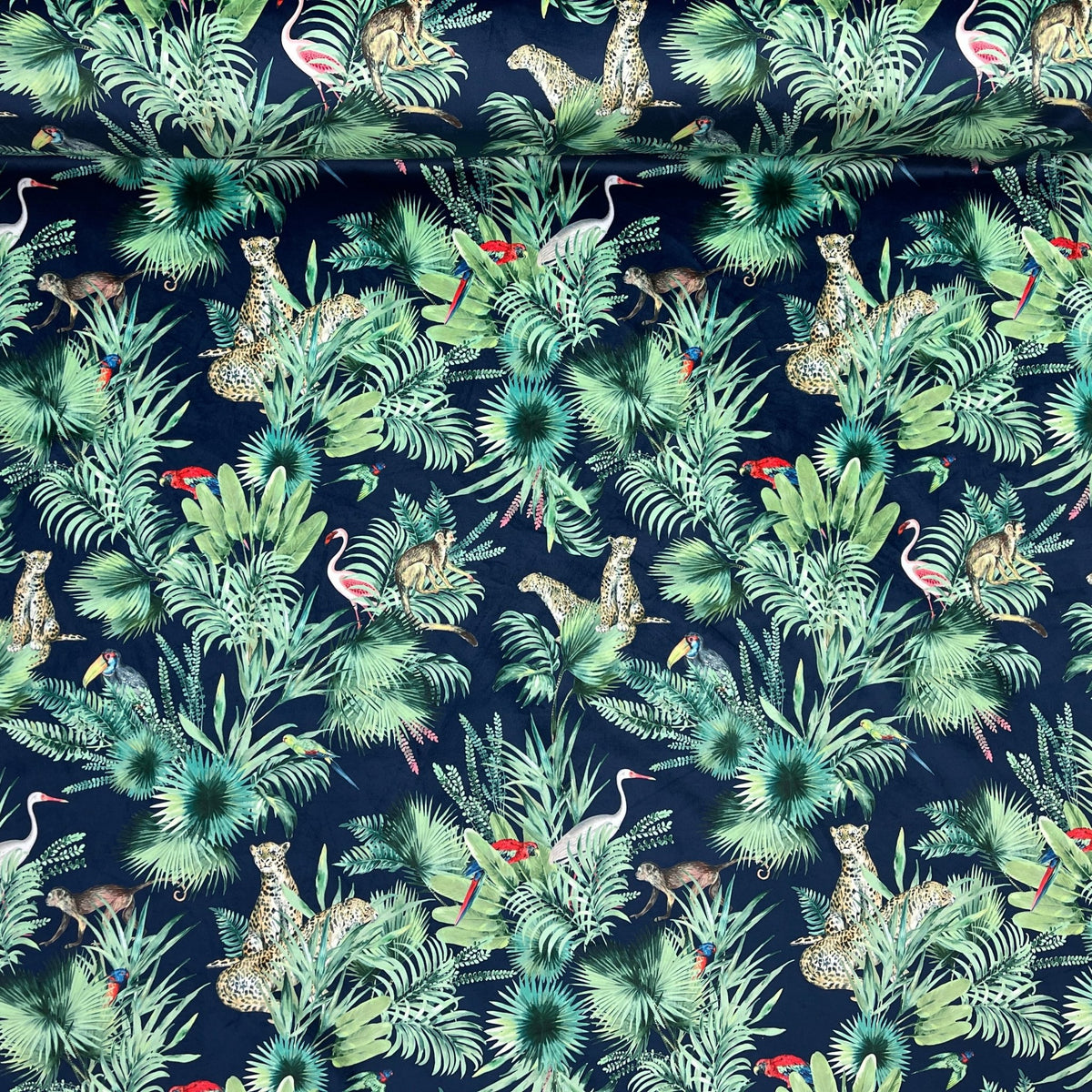 Amazon Tropical Digital Print Plush Velvet Curtain Fabric, Navy - Bull Ring Fabrics