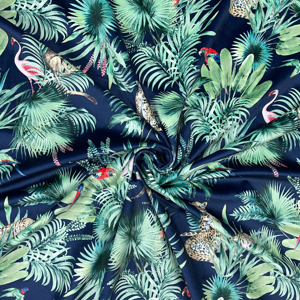 Amazon Tropical Digital Print Plush Velvet Curtain Fabric, Navy - Bull Ring Fabrics