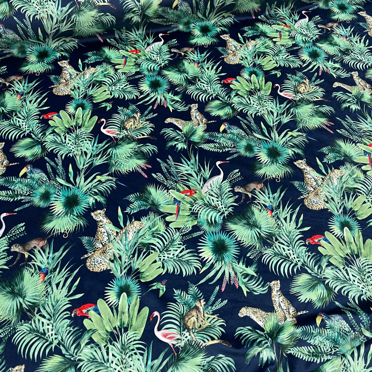 Amazon Tropical Digital Print Plush Velvet Curtain Fabric, Navy - Bull Ring Fabrics