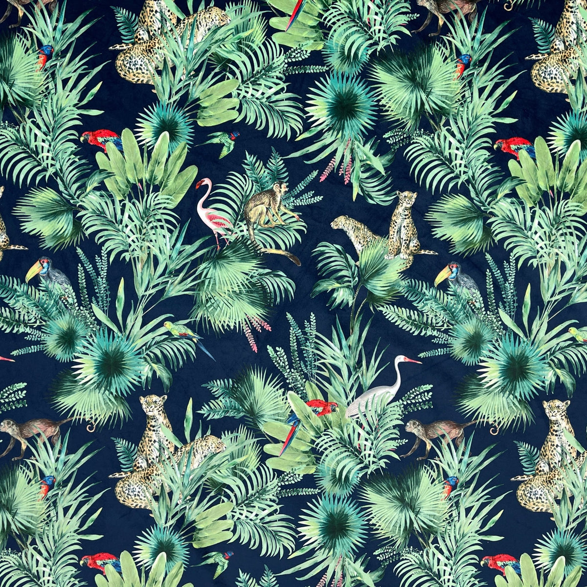 Amazon Tropical Digital Print Plush Velvet Curtain Fabric, Navy - Bull Ring Fabrics