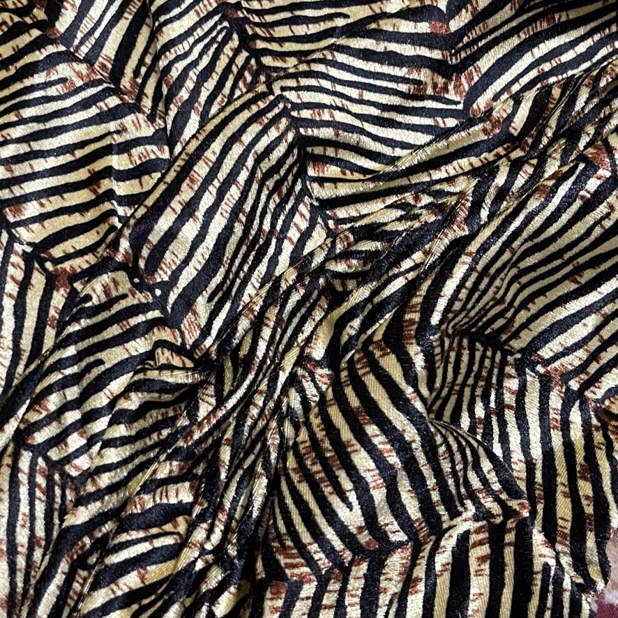 Beige Black Zebra Print Velvet Fabric Textured Animal Pattern Upholstery Dress - Bull Ring Fabrics