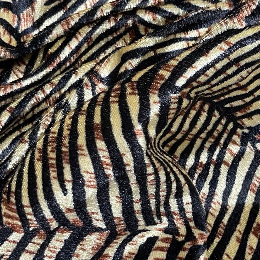 Beige Black Zebra Print Velvet Fabric Textured Animal Pattern Upholstery Dress - Bull Ring Fabrics