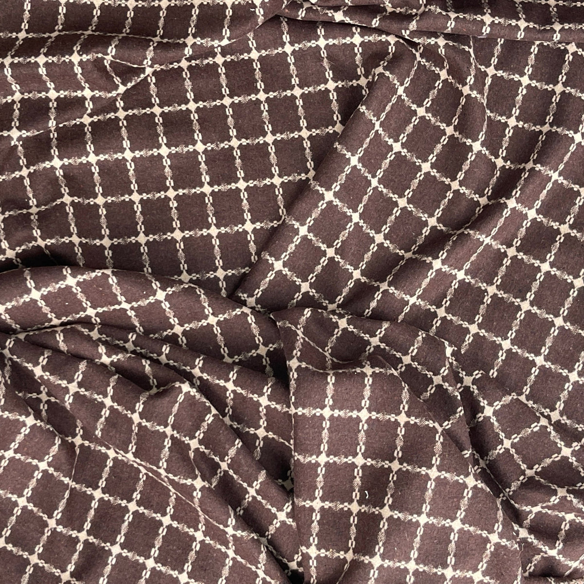 Beige Square Checks Wool Blend Coating Fabric, Brown - Bull Ring Fabrics