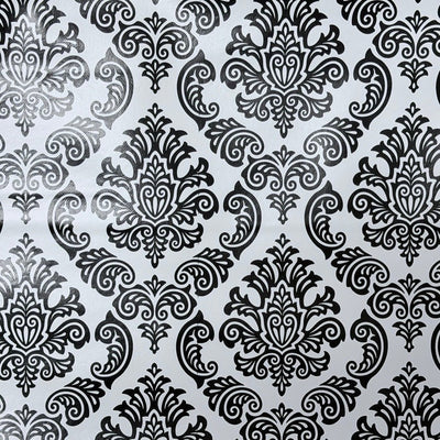 Black Damask Print PVC Oilcloth Tablecloth Fabric 54", White - Bull Ring Fabrics