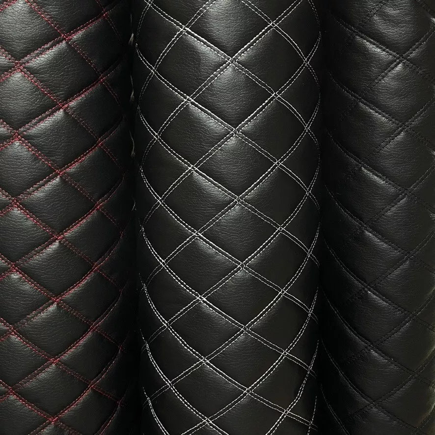 Black Quilted Bentley Double Stitch Leather Car Seats Upholstery Fabric 54" Black - Bull Ring Fabrics