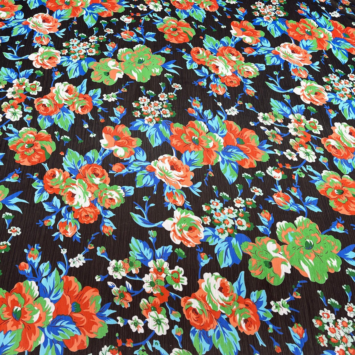 Black Sheer Chiffon Fabric Orange Floral Flowers Print Dress Scarf Hijab - Bull Ring Fabrics