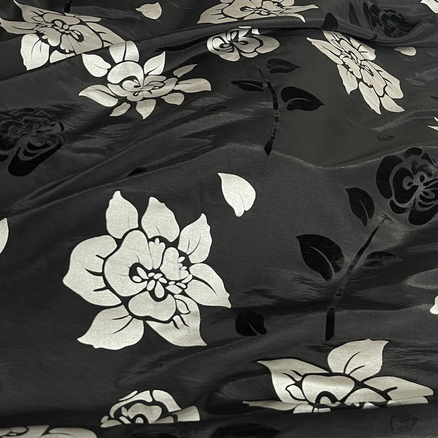 Black Velvet Flock Taffeta Fabric Silver Floral Roses Dress Material 150cm - Bull Ring Fabrics