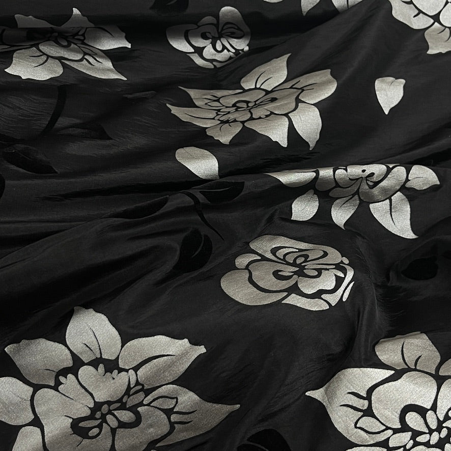Black Velvet Flock Taffeta Fabric Silver Floral Roses Dress Material 150cm - Bull Ring Fabrics