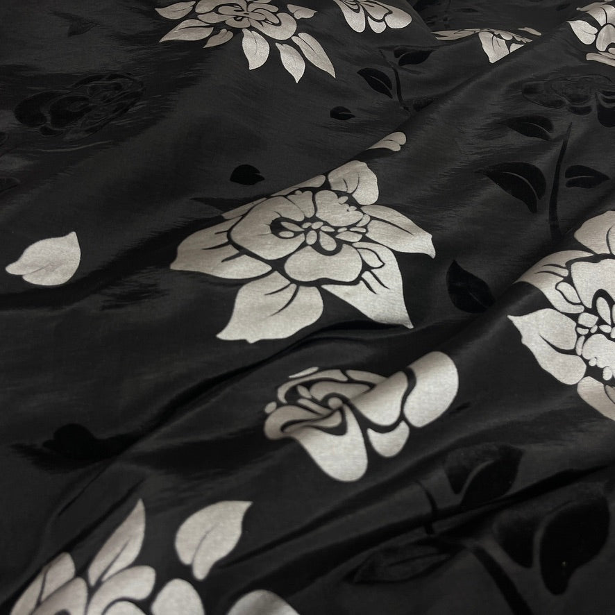Black Velvet Flock Taffeta Fabric Silver Floral Roses Dress Material 150cm - Bull Ring Fabrics