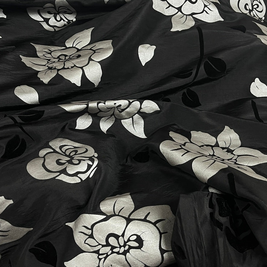 Black Velvet Flock Taffeta Fabric Silver Floral Roses Dress Material 150cm - Bull Ring Fabrics