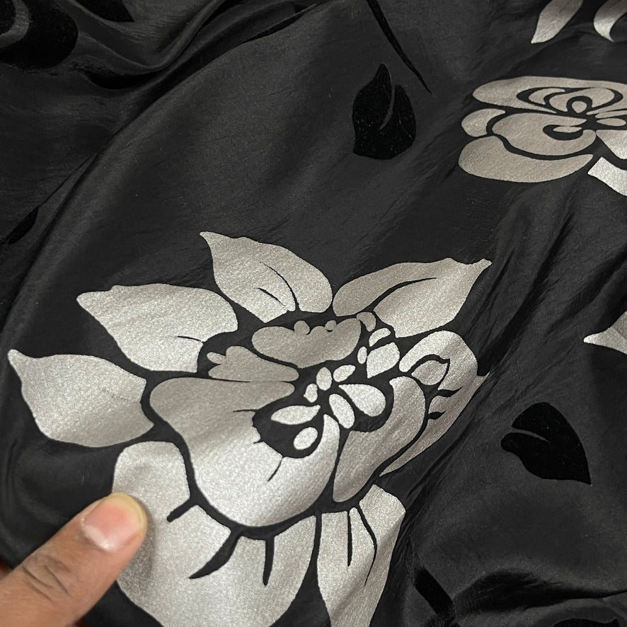 Black Velvet Flock Taffeta Fabric Silver Floral Roses Dress Material 150cm - Bull Ring Fabrics