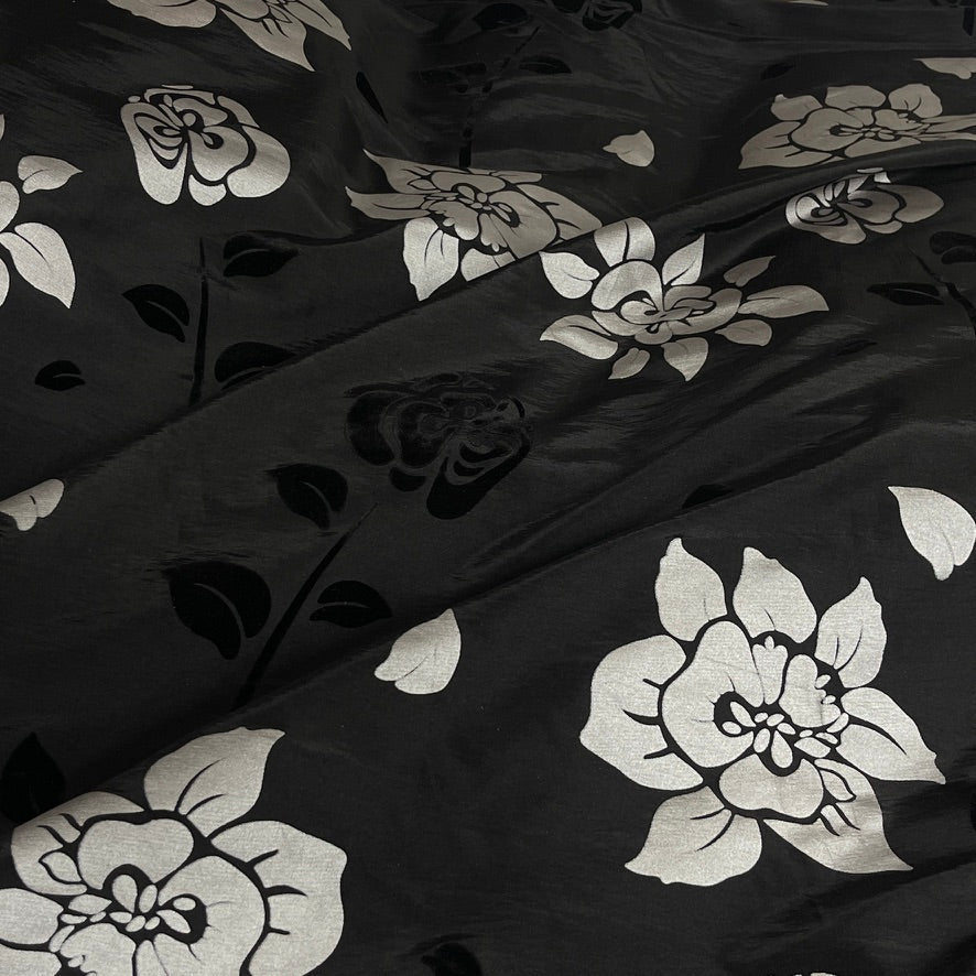 Black Velvet Flock Taffeta Fabric Silver Floral Roses Dress Material 150cm - Bull Ring Fabrics