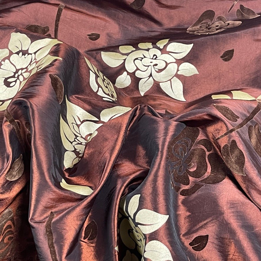 Brown Velvet Flock Taffeta Fabric Gold Floral Roses Dress Material 150cm - Bull Ring Fabrics