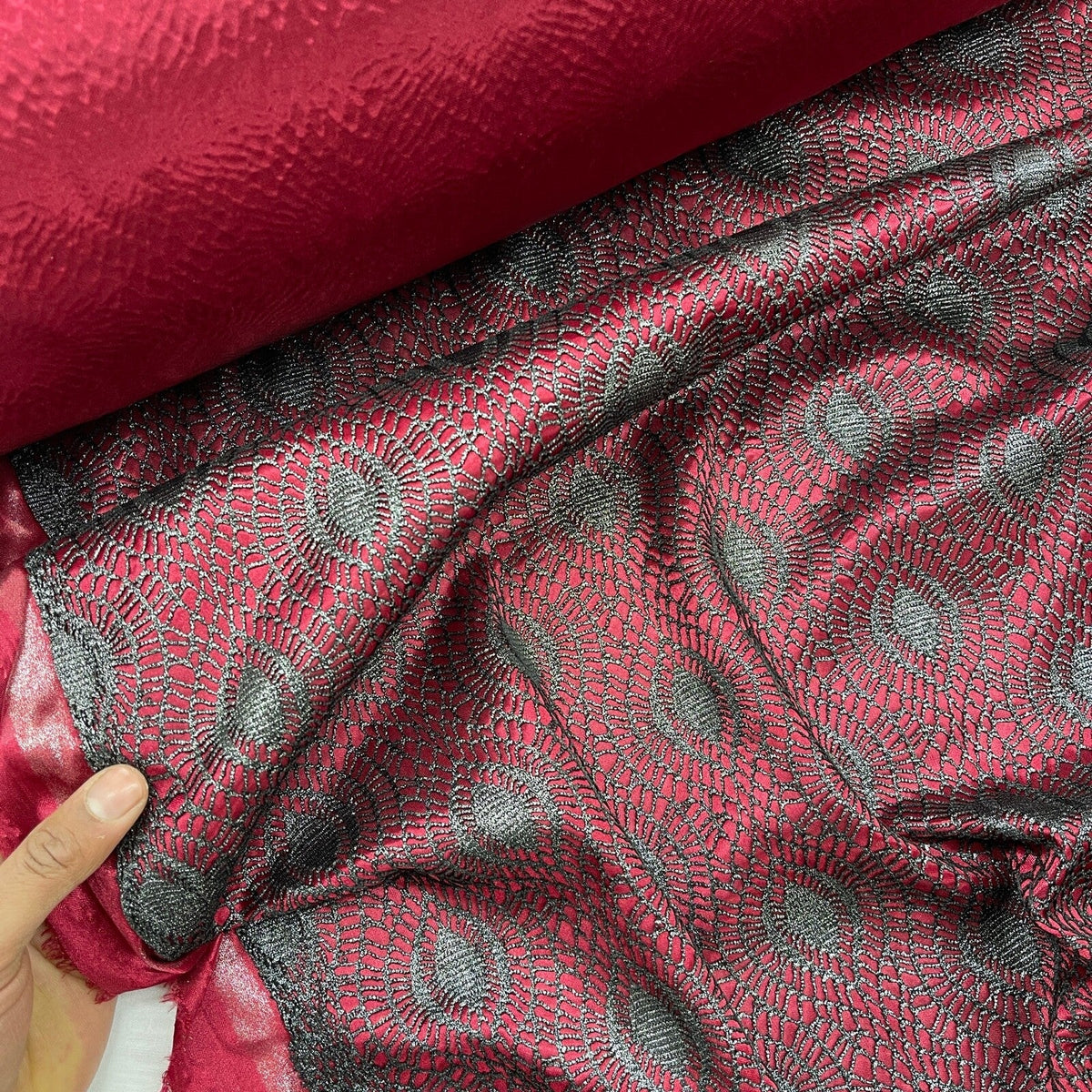 Burgundy Wine Satin Fabric Black Lace Overlay Polka Dot Bonded Dress Material - Bull Ring Fabrics