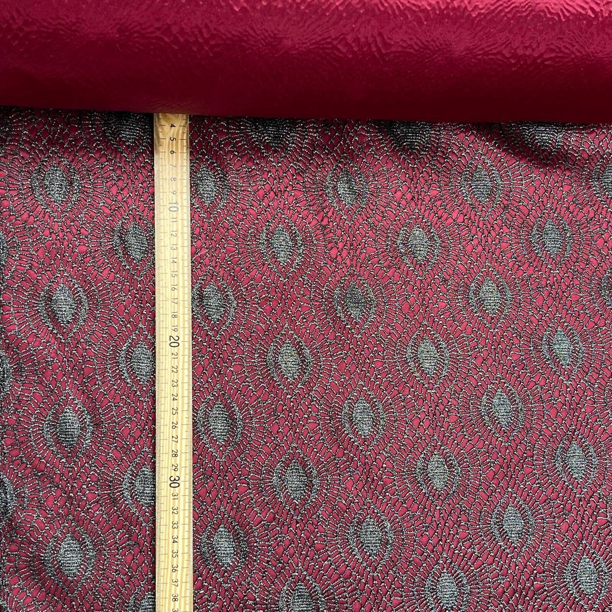 Burgundy Wine Satin Fabric Black Lace Overlay Polka Dot Bonded Dress Material - Bull Ring Fabrics