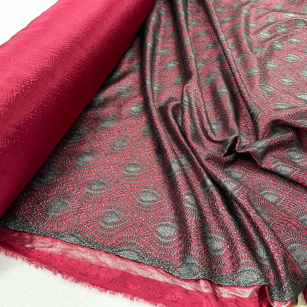 Burgundy Wine Satin Fabric Black Lace Overlay Polka Dot Bonded Dress Material - Bull Ring Fabrics