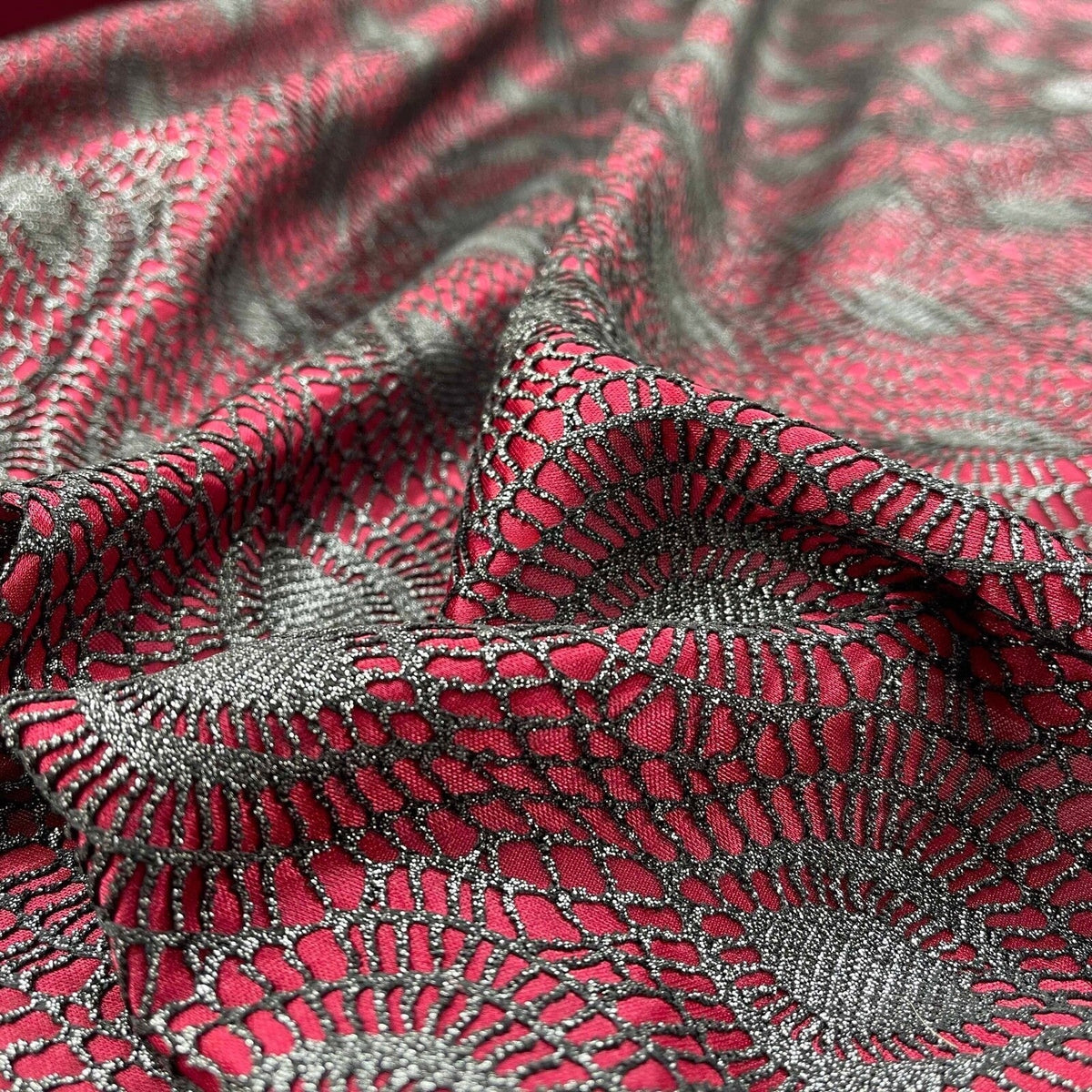 Burgundy Wine Satin Fabric Black Lace Overlay Polka Dot Bonded Dress Material - Bull Ring Fabrics