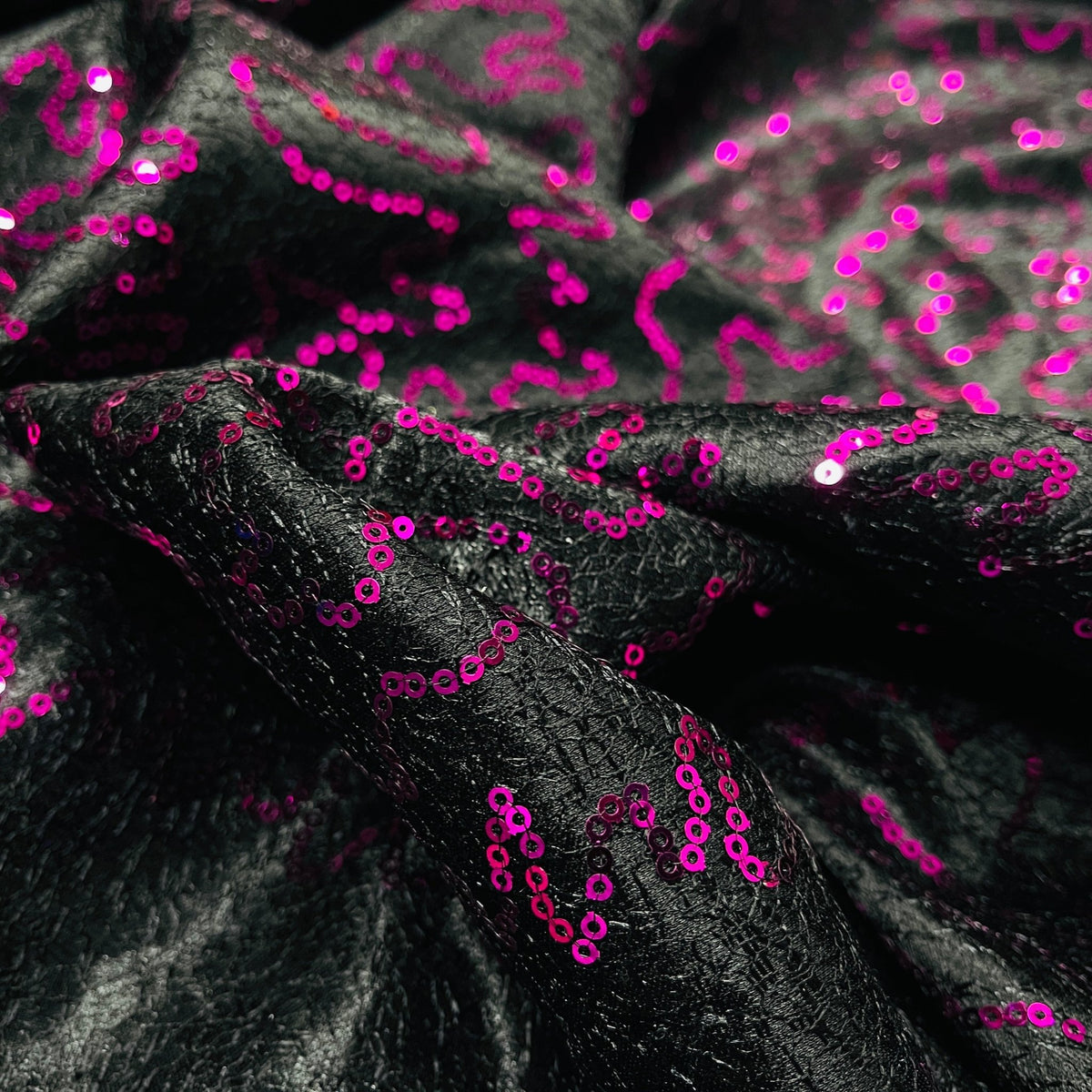 Cerise Sequins Cobweb Overlay Bonded Satin Net Lace, Black - Bull Ring Fabrics