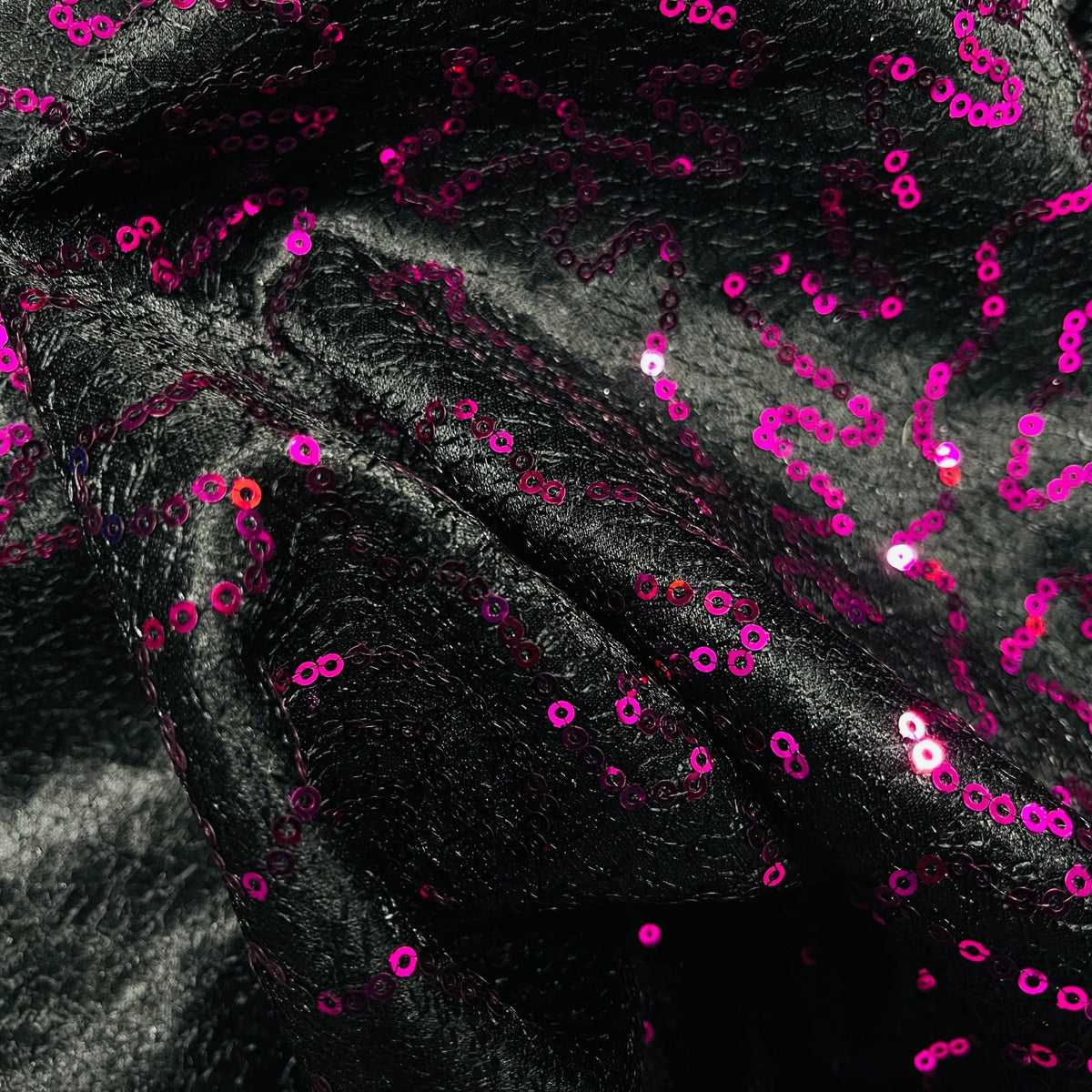 Cerise Sequins Cobweb Overlay Bonded Satin Net Lace, Black - Bull Ring Fabrics