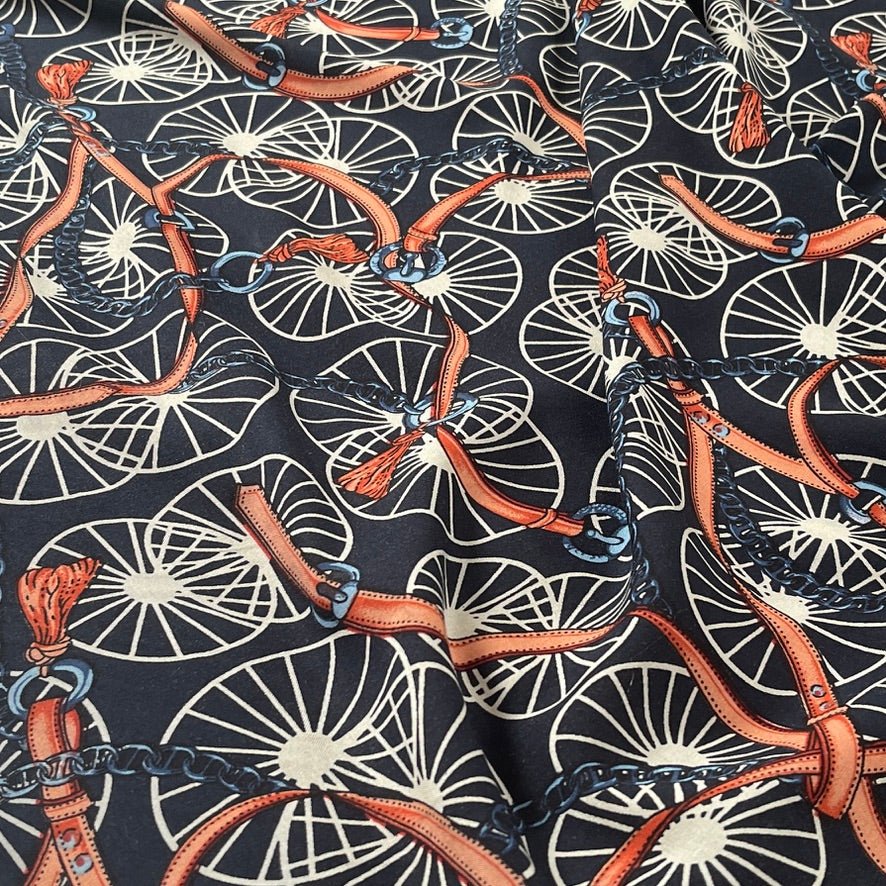 Chain & Belt Print 100% Viscose Summer Dress Fabric 60", Navy - Bull Ring Fabrics