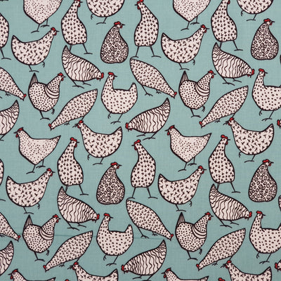 Chickens Hens 100% Cotton Poplin Fabric Rose & Hubble Quilting Dress 45", Duck Egg - Bull Ring Fabrics