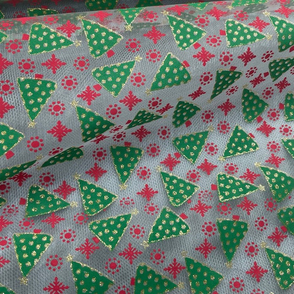 Christmas Glitter Organza Voile Fabric 60", Xmas Tree - Bull Ring Fabrics