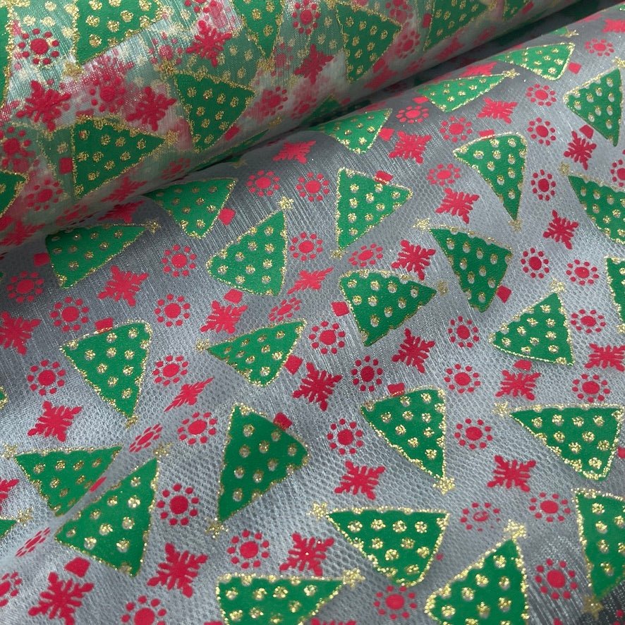 Christmas Glitter Organza Voile Fabric 60", Xmas Tree - Bull Ring Fabrics