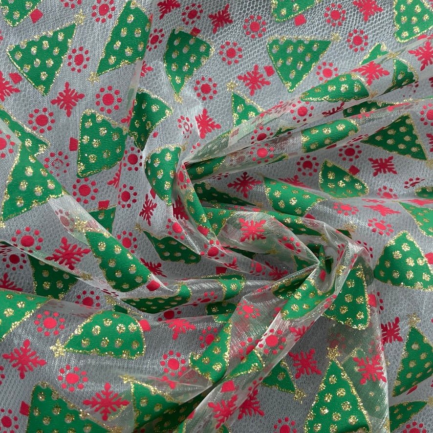 Christmas Glitter Organza Voile Fabric 60", Xmas Tree - Bull Ring Fabrics