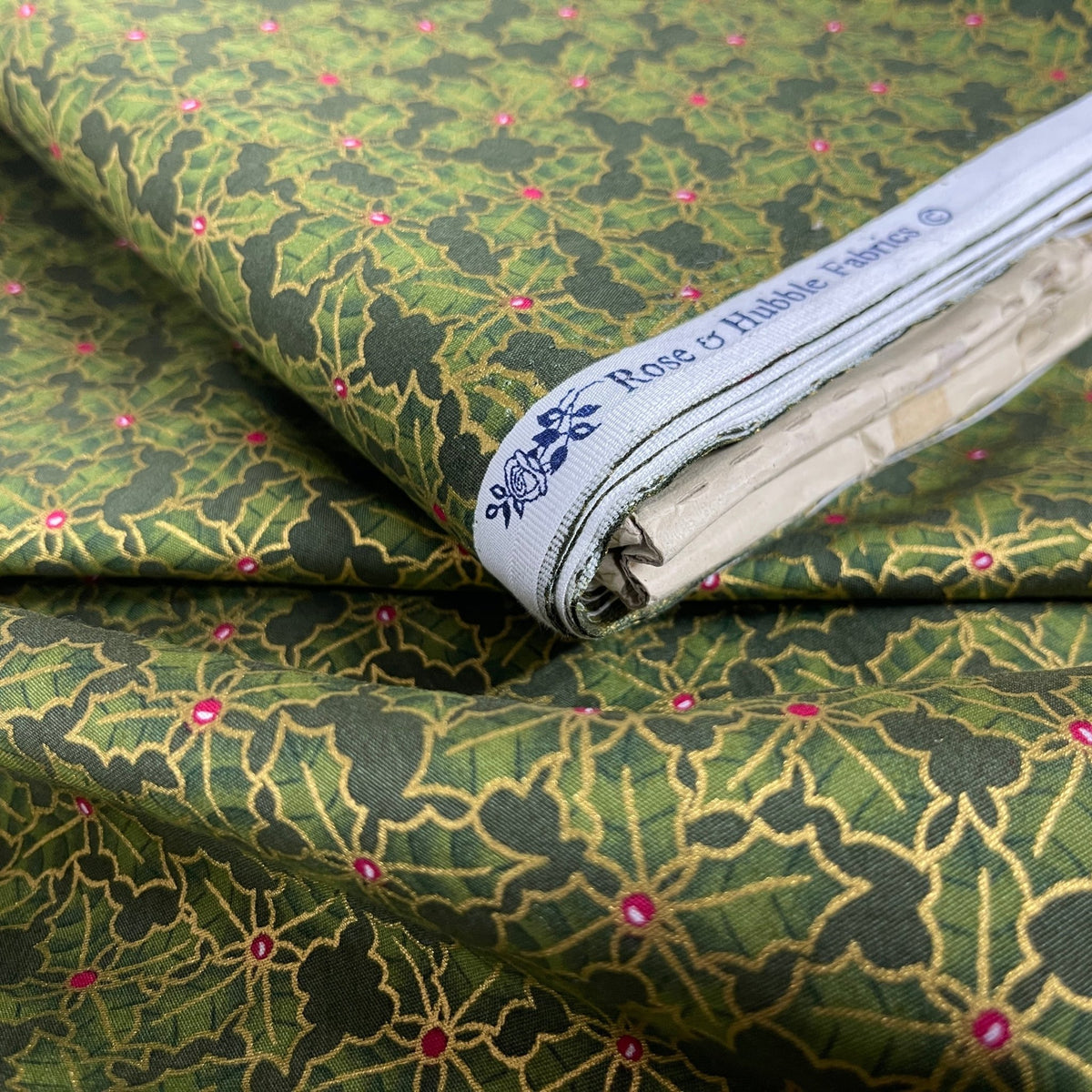 Christmas Hollies Berries Cotton Poplin Rose & Hubble Fabric, Bottle Green - Bull Ring Fabrics