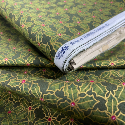 Christmas Hollies Berries Cotton Poplin Rose & Hubble Fabric, Bottle Green - Bull Ring Fabrics