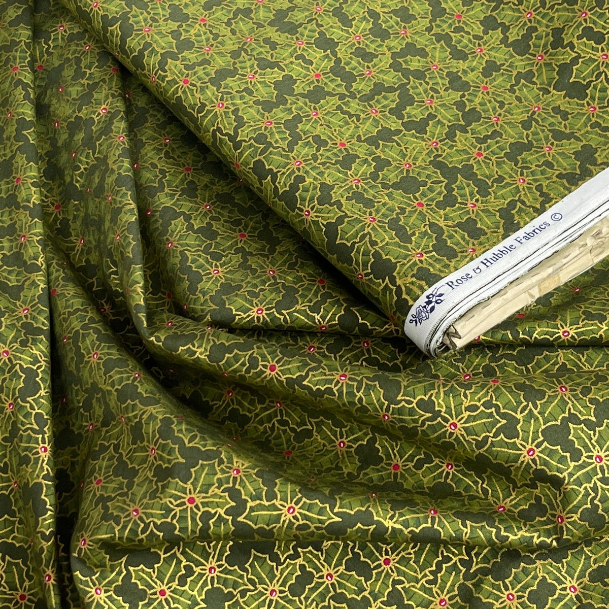 Christmas Hollies Berries Cotton Poplin Rose & Hubble Fabric, Bottle Green - Bull Ring Fabrics